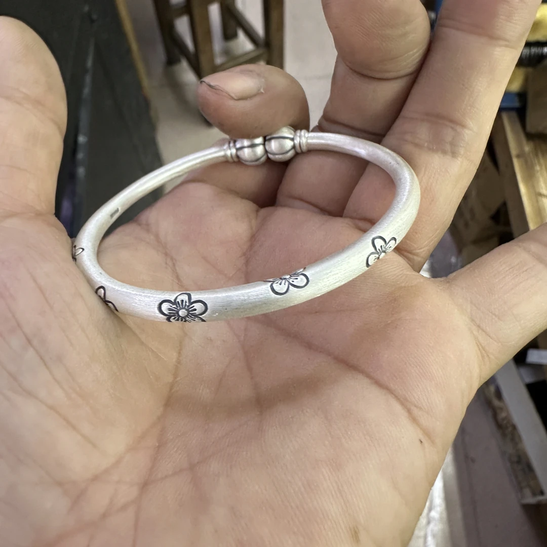 足银手镯 南瓜头纯银手镯女9999足银复古哑光开口实心银镯子