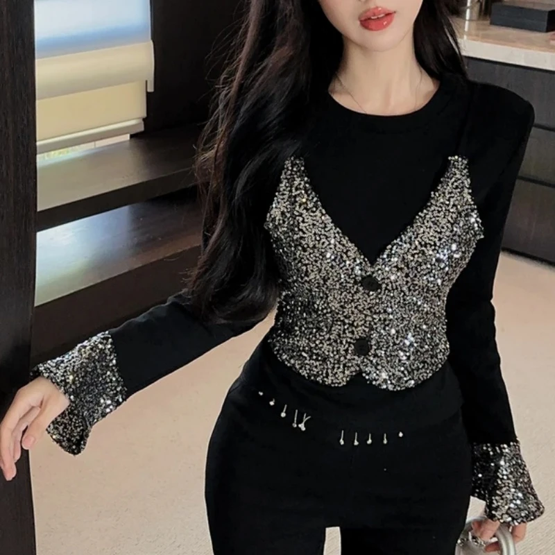 假两件时尚亮片打底衫女2024冬季新款保暖气质长袖减龄显瘦女上衣