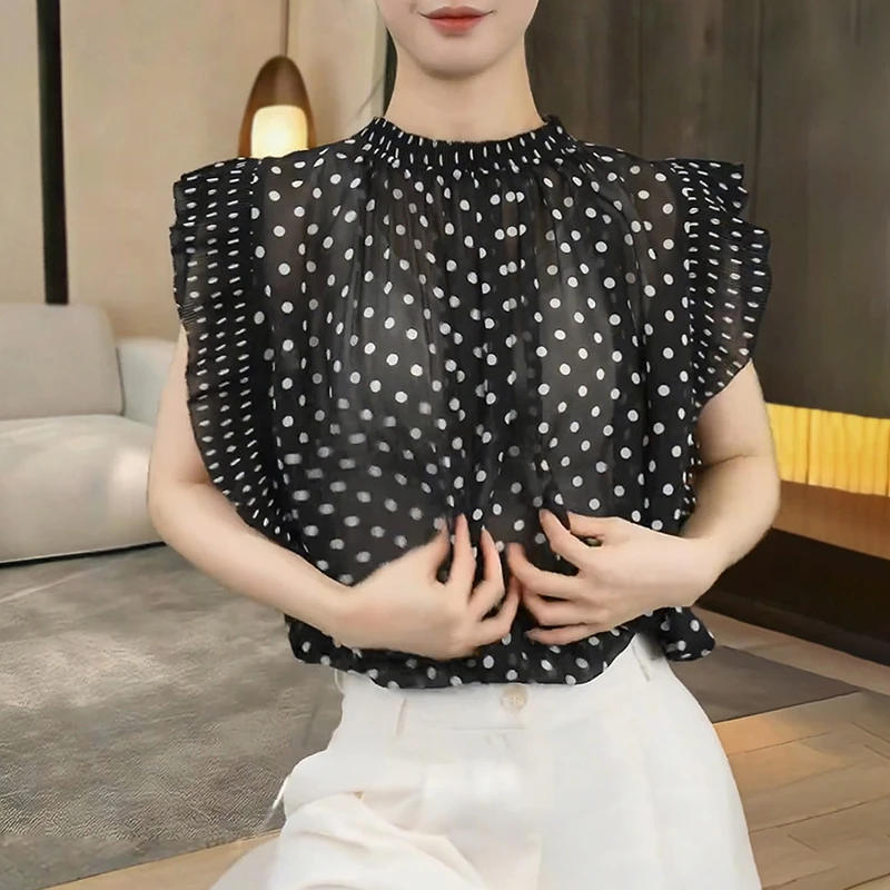 波点立领衬衫女士2025夏季宽松型显瘦减龄设计感雪纺小衫气质上衣