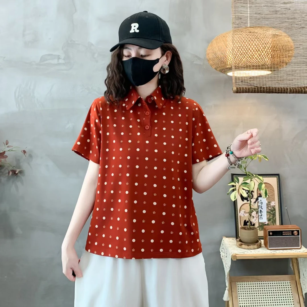 夏季薄款t恤半袖显瘦洋气韩版时尚纽扣气质百搭减龄波点休闲翻领
