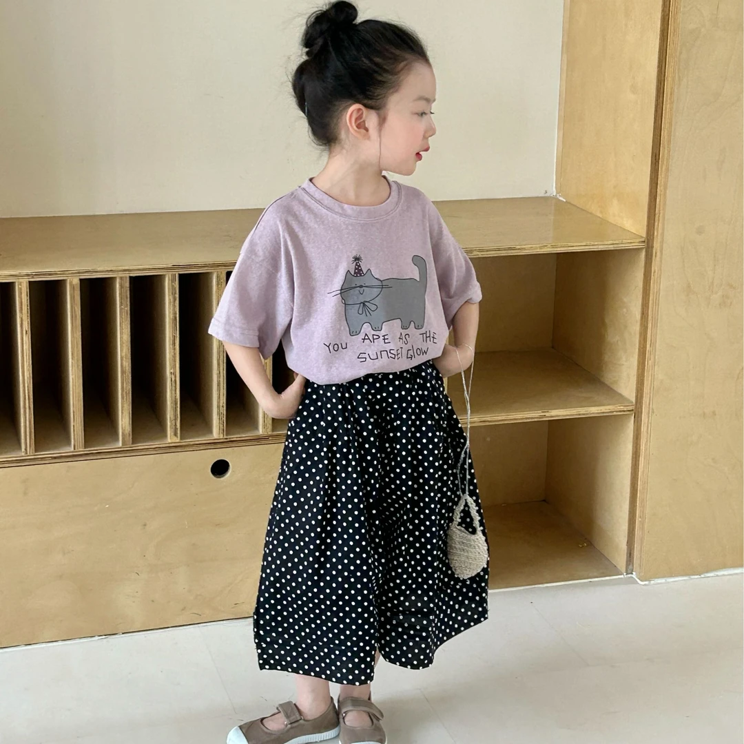 0416-紫色喵咪短袖+黑色点点七分棉布裤
