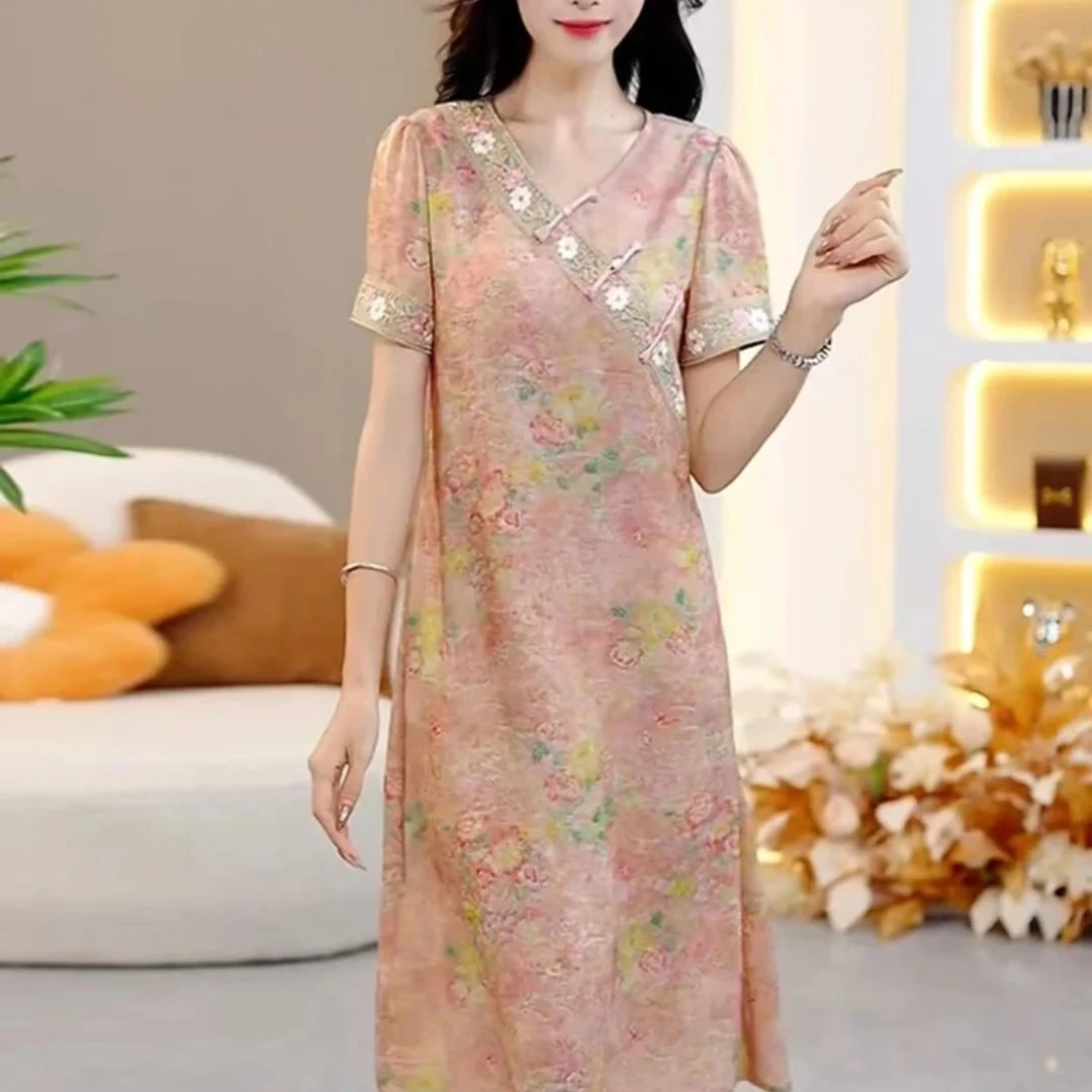 A2655新中式显瘦气质复古优雅中长款裙子