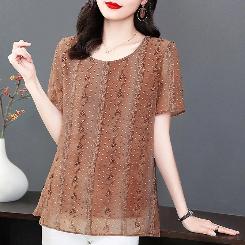 女士雪纺衫夏季大码女装减龄洋气小衫新款胖mm妈妈短袖上衣高级感
