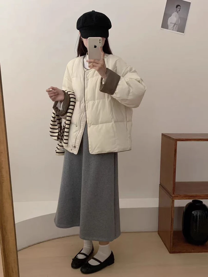 A86#轻薄圆领撞色鹅绒服女2025冬季韩版小个子休闲简约保暖外套