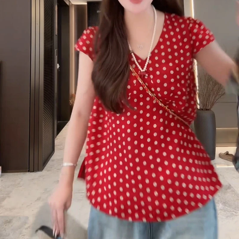 2025夏季新款高级感V领波点轻百搭T恤LK2504370