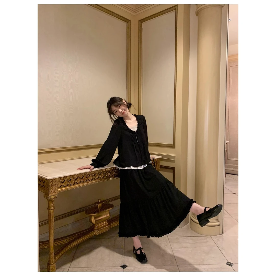 【你好卡农-蕾子】法式时尚百搭黑色A字半身长裙KG24Z4039D