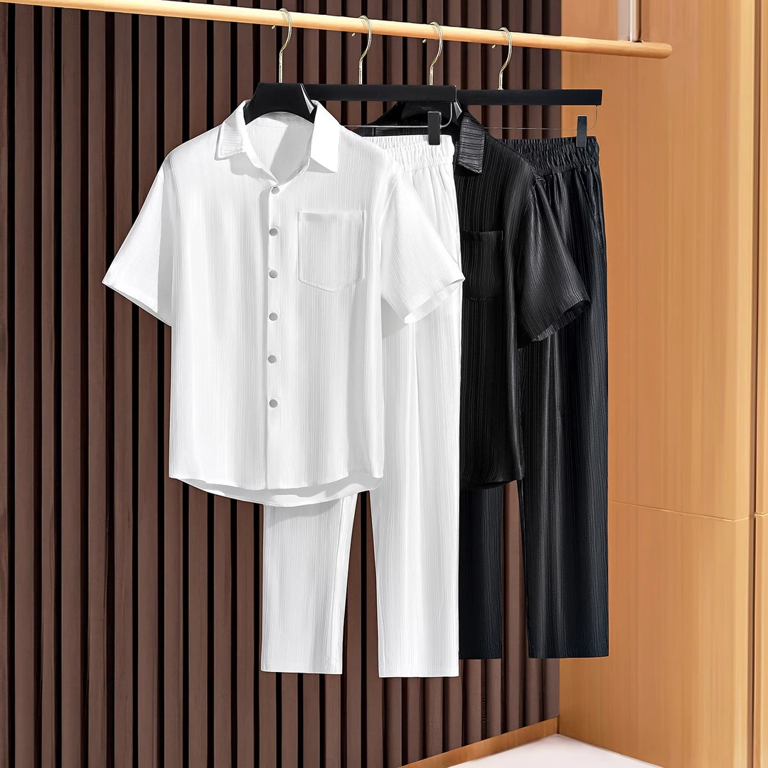 基密雷昂夏季垂顺肌理醋酸两件套男士宽松开衫短袖休闲运动套装潮