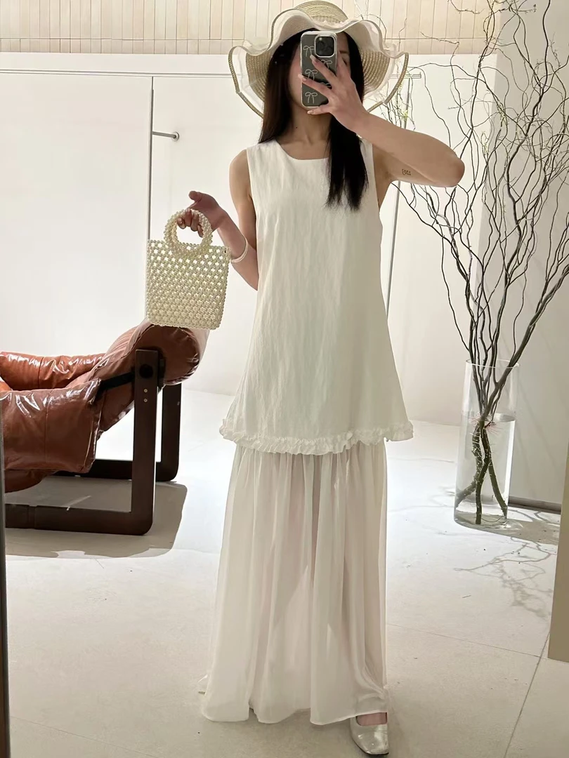 简约夏季无袖休闲长裙拼接舒适长款百搭连衣裙纯色宽松腰时尚