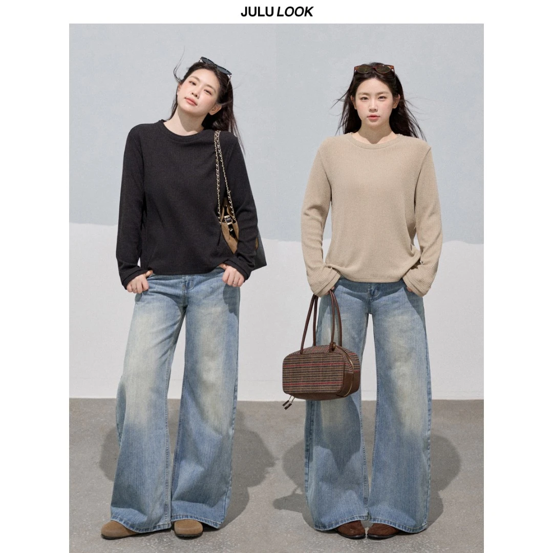 巨鹿工作室“轻松入秋”微胖mm百搭层次感坑条长袖针织t大码上衣