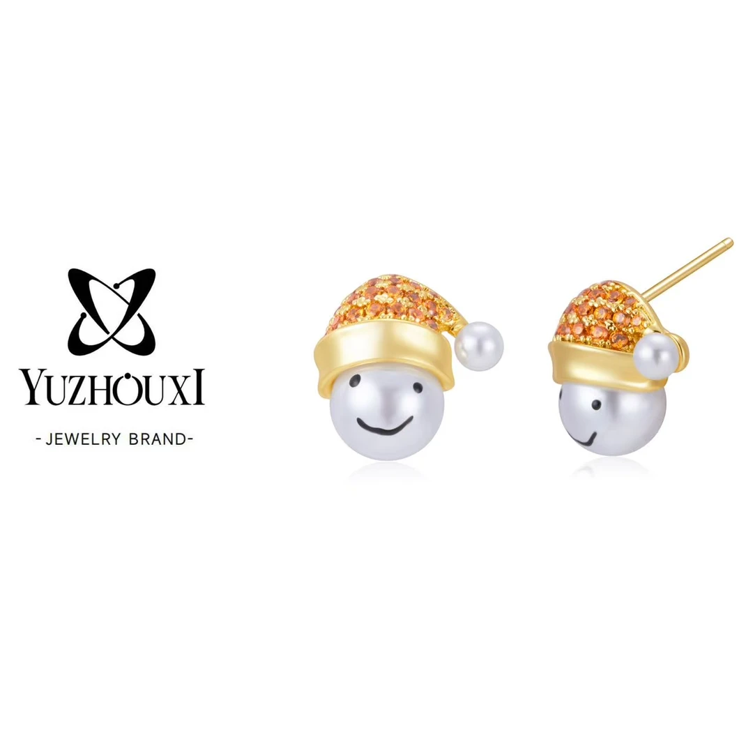 铜合金锆石耳饰 Q2-092【圣诞帽手绘橘色锆石迷你小雪人耳钉】