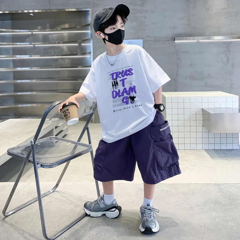 男童夏装套装2025新款中大童夏季男孩短袖T恤儿童运动帅气时髦潮t