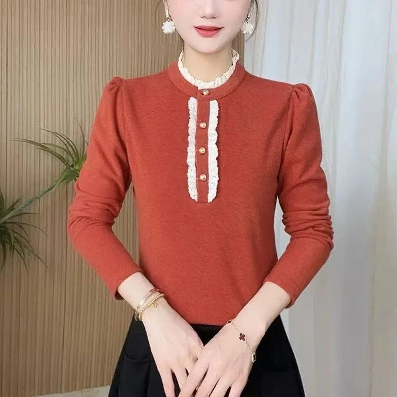 2025冬季双面德绒时尚长袖立领洋气百搭气质减龄女蕾丝木耳边上衣