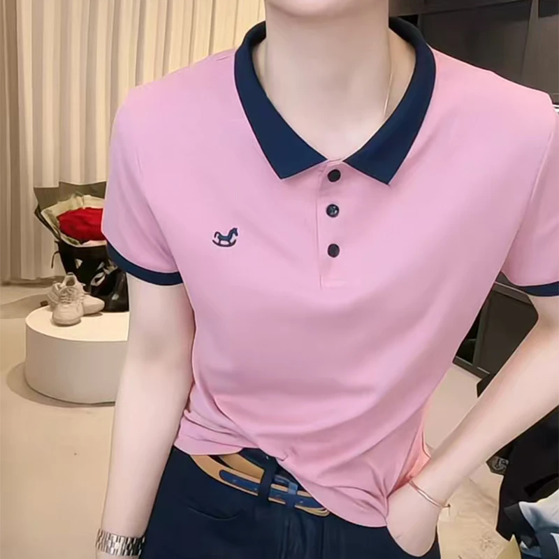 撞色领粉色正肩短袖恤女2025夏季新款修身显瘦气质体恤上衣