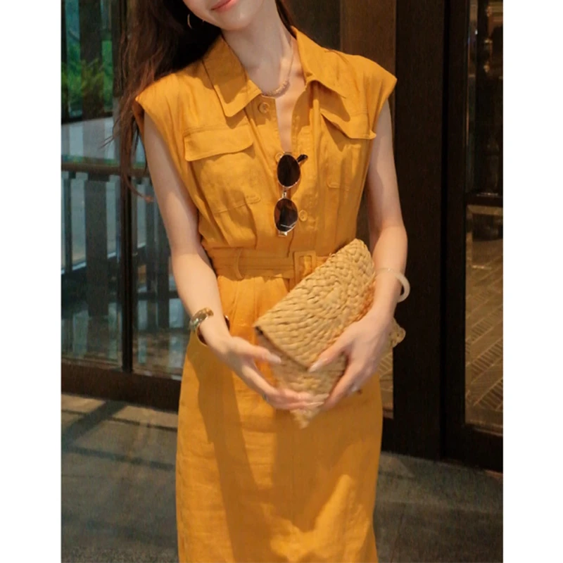 2025夏季新款亚麻减龄收腰显瘦长裙女下摆开叉连衣裙2835