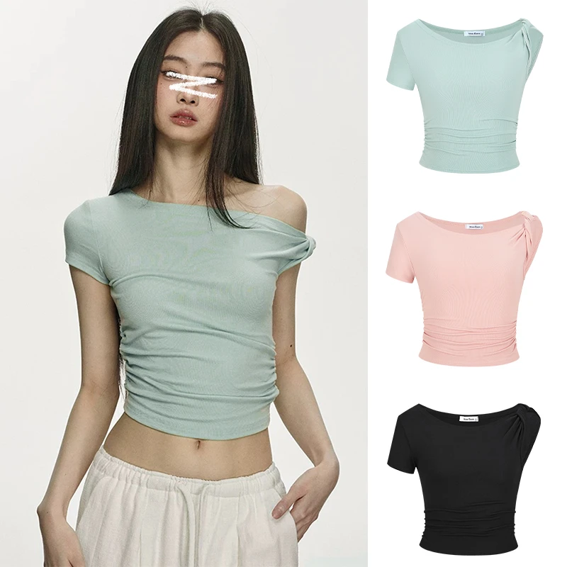 Moses Queen/魔西女王美式复古斜肩扭结短袖T恤纯欲辣妹短款上衣