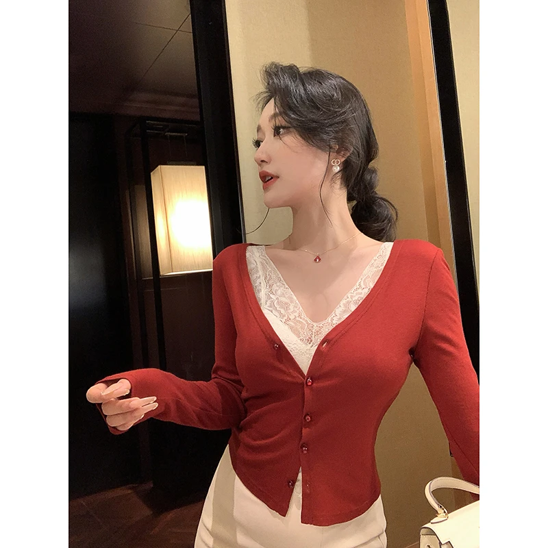 林关关【卡罗拉玫瑰】纯欲气质蕾丝针织开衫女春季新款百搭打底上衣