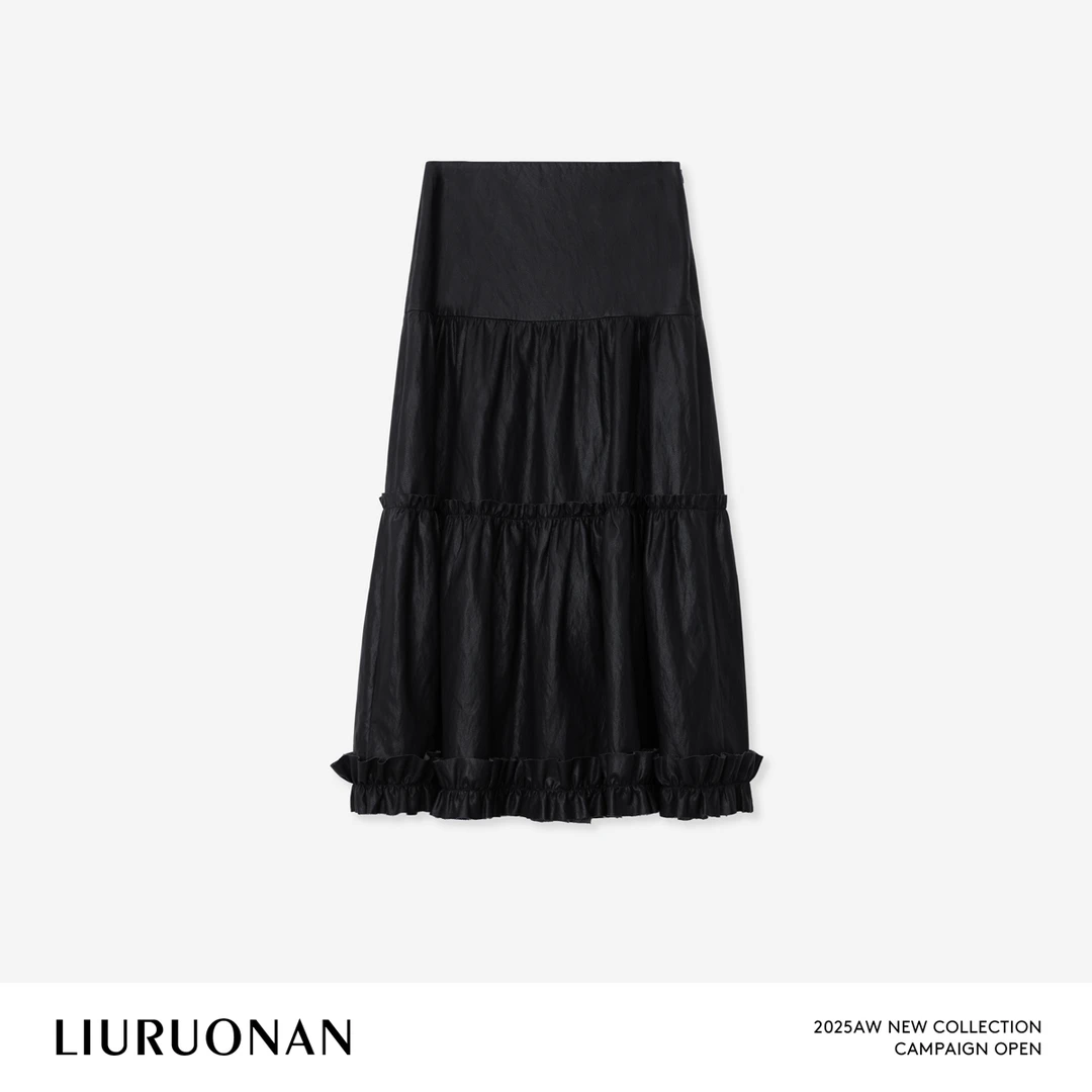 LIURUONAN | 9.28四周年【木耳边皮裙】小众显瘦拼接中长款半身裙