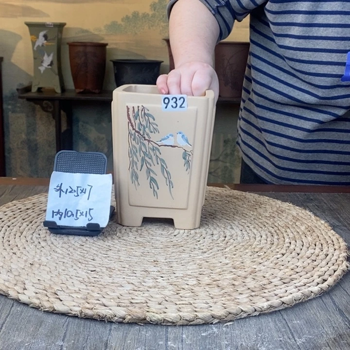 花盆紫砂  白玉段奎面彩绘四方932