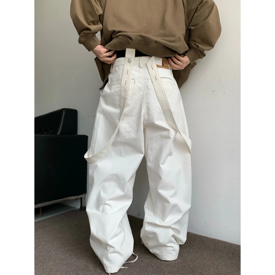 dannyandzee秋季街头宽松百搭明线白色帆布工装可拆卸背带长裤776