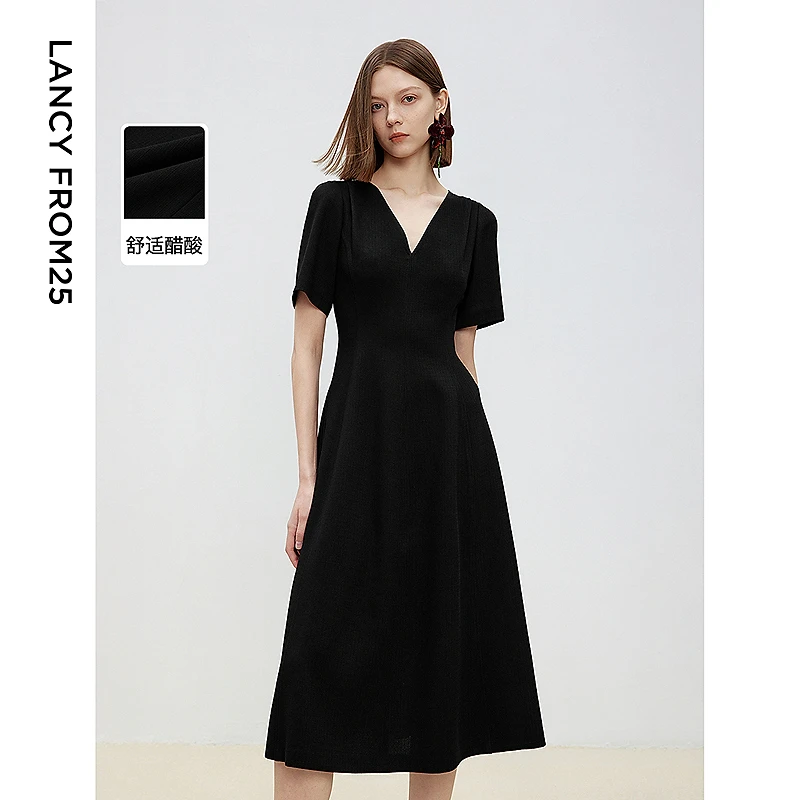 朗姿醋酸长裙子2025年春季新款法式收腰黑色高级感气质a字连衣裙