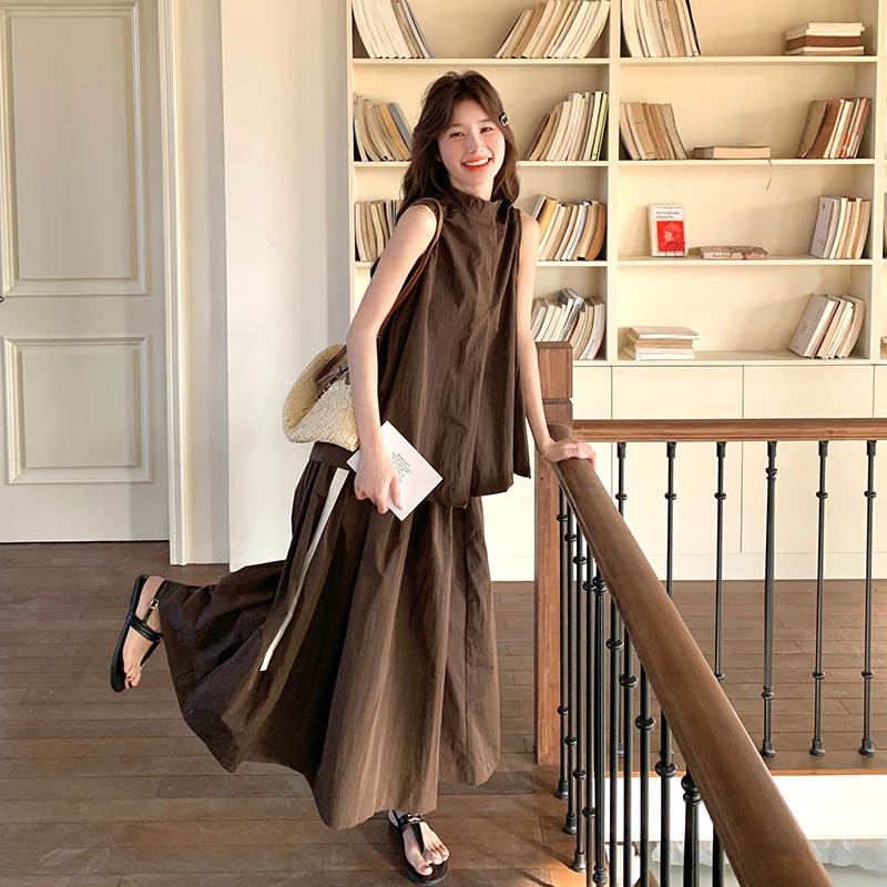 复古无袖背心文艺高腰半身裙两件套夏慵懒学院风套装女装长裙夏装