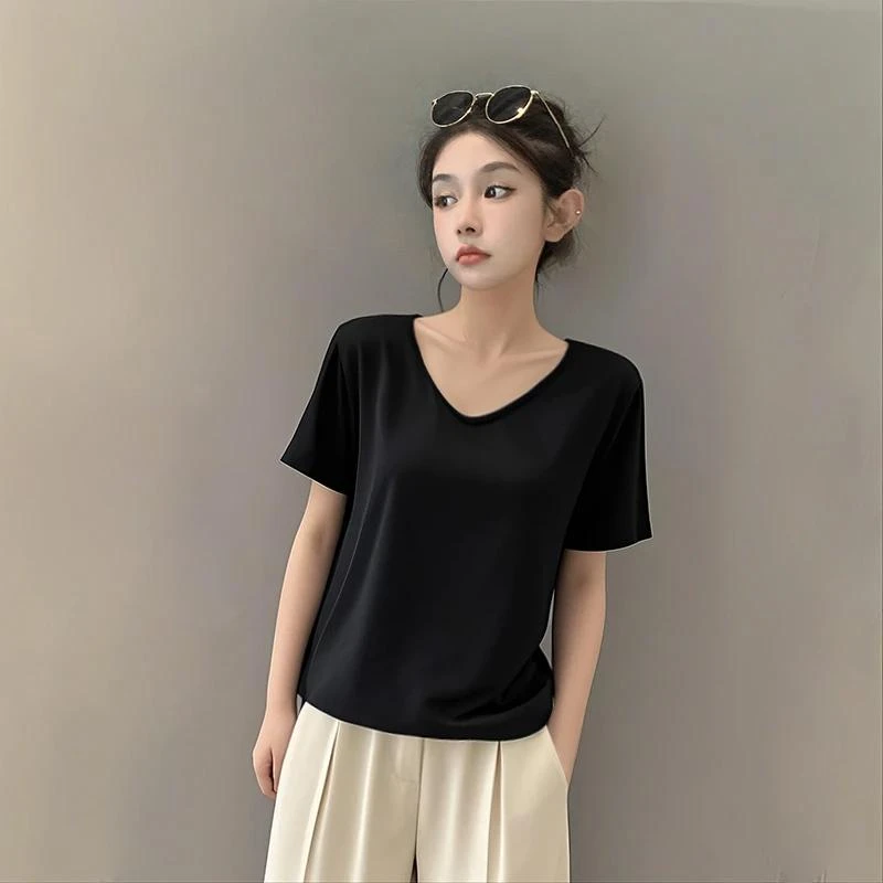 莫代尔U领宽松短袖T恤女新款夏季慵懒风显瘦洋气设计感小众上衣潮