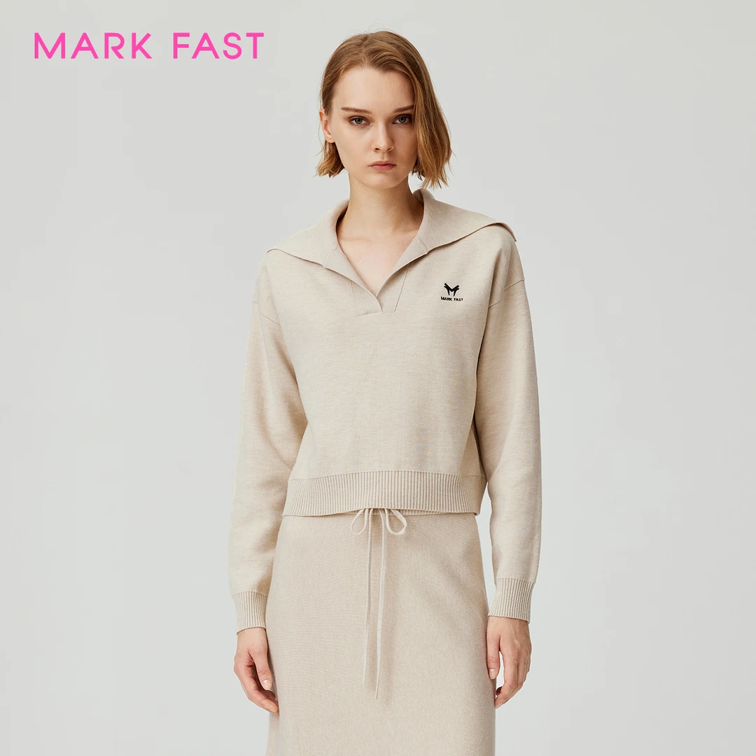 MARKFAST2025秋季新品休闲翻领polo式米色针织套头衫M1FGW02260