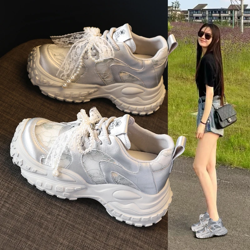 853-1厚底内增高水钻蝴蝶结登山跑步鞋女2025夏季新款运动休闲鞋