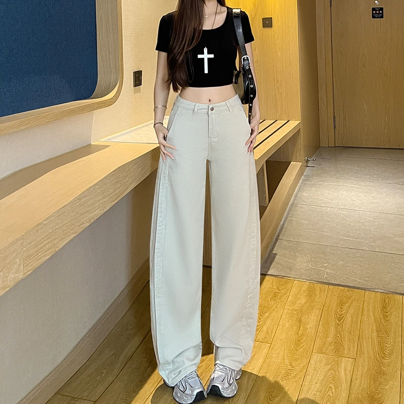 莫兰迪灰弯刀牛仔裤女2025秋季新款高腰显瘦设计感小众百搭长裤