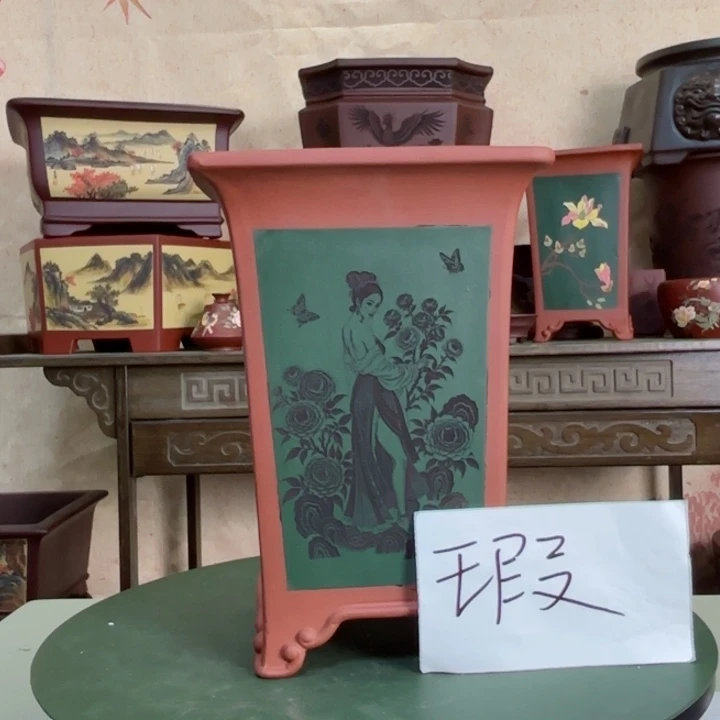 花盆紫砂微瑕刻绘美女