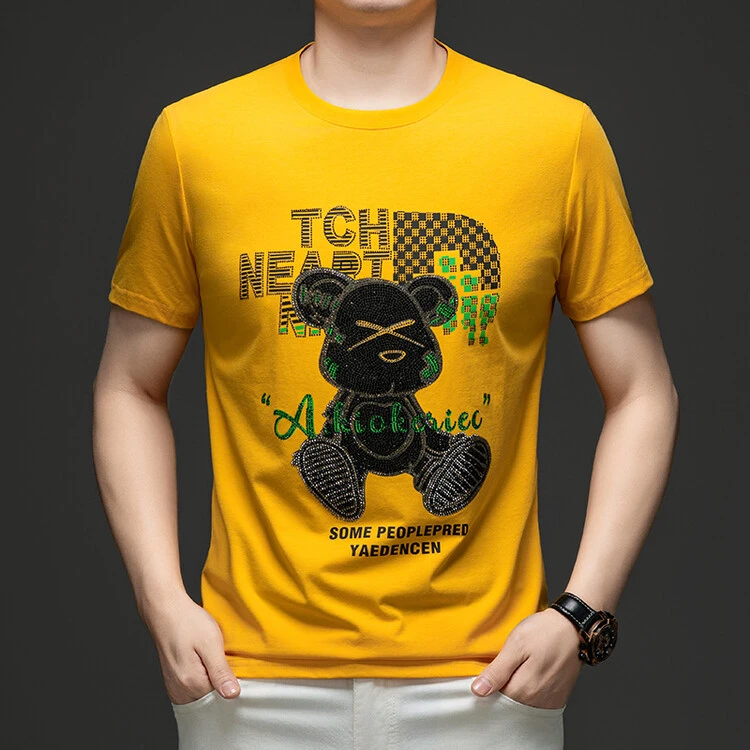 烫钻卡通熊潮流男士夏季短袖t恤 高端欧洲站个性时尚圆领半袖棉T