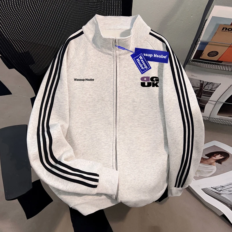 WASSUP HSUBE三条杠美式开衫立领卫衣棒球服重磅潮牌情侣秋冬上衣