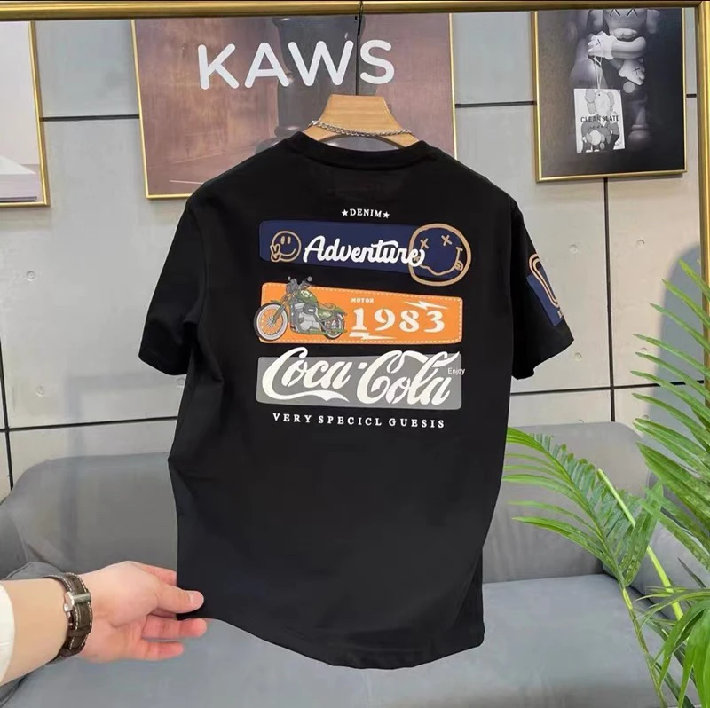 重磅纯棉潮牌美式创意T恤简约字母印花男夏季圆领宽松短袖领带夹