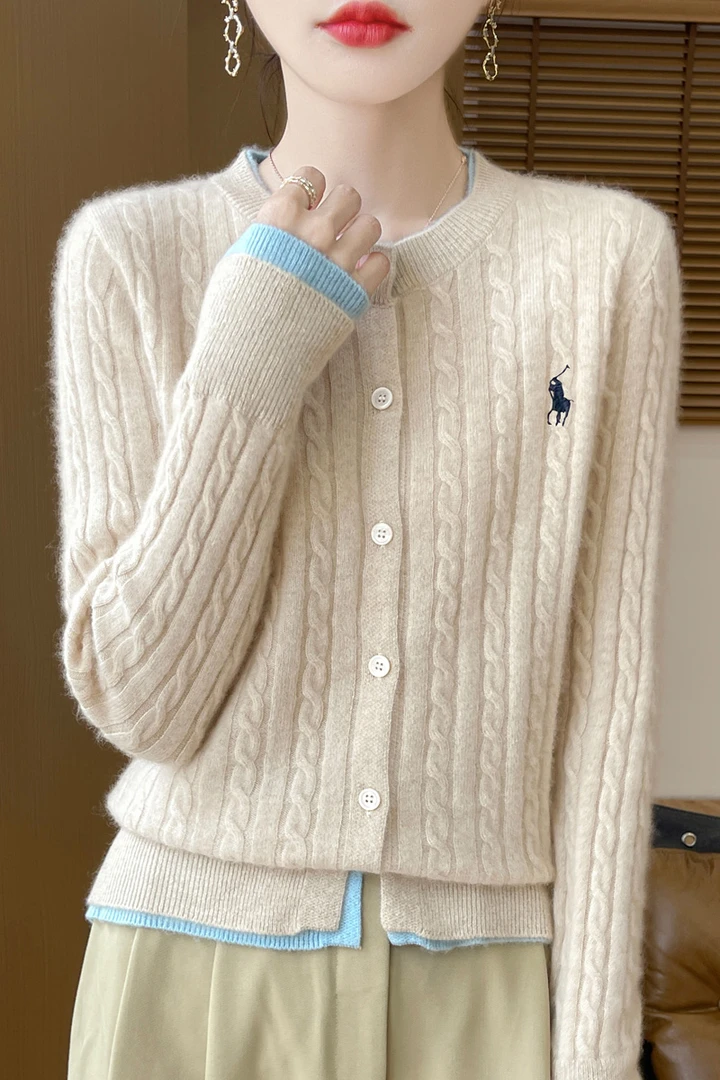 2025新款纯羊毛针织圆领女不褪色刺绣衫短款秋冬春秋外搭