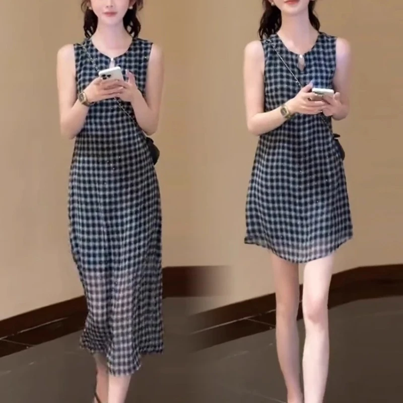法式时尚格子无袖连衣裙女2025新款夏季宽松显瘦洋气减龄背心裙女
