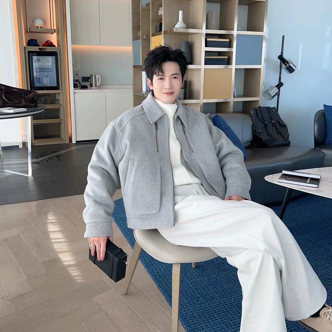 冬季含羊毛呢可拆卸内胆羽绒服男cleanfit时尚宽松加厚白鸭绒外套