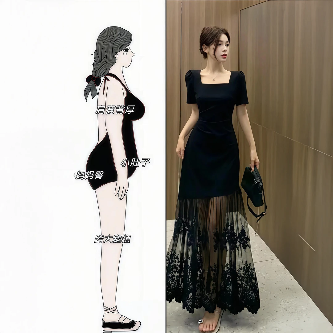 法式赫本风网纱拼接方领连衣裙女夏季新款气质收腰显瘦a字长裙子