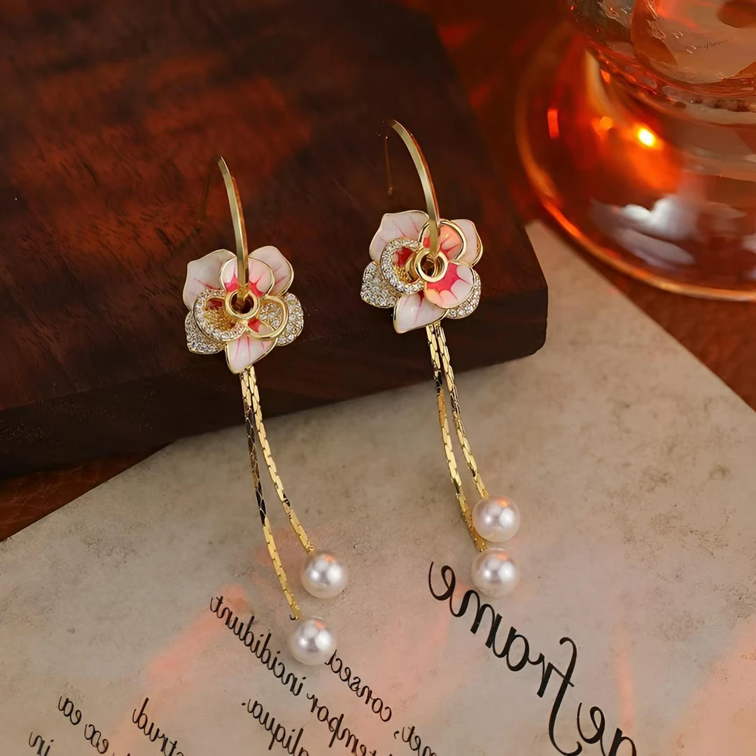 铜合金仿珍珠耳饰 手绘粉色花花女式流苏长款上档次女士耳环