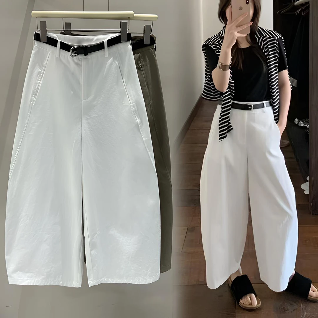 100棉夏季洋气九分弯刀阔腿裤女高腰简约气球裤显瘦休闲纸片裤子