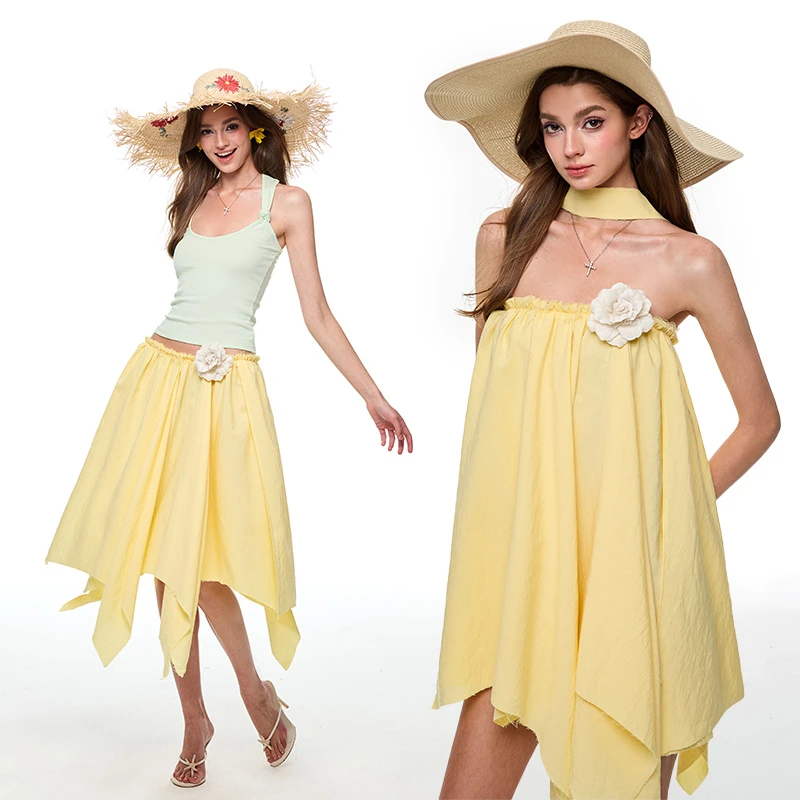 4muggle原创“金合欢喜”黄色花朵连衣裙辣妹吊带多穿法气质裙