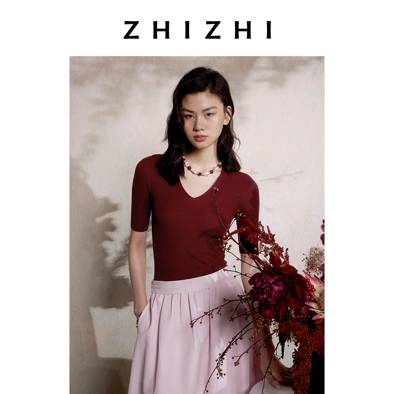 致知 琵琶仙 醋酸优雅V领针织短袖25早秋新款无缝 ZZ2EAKZN045