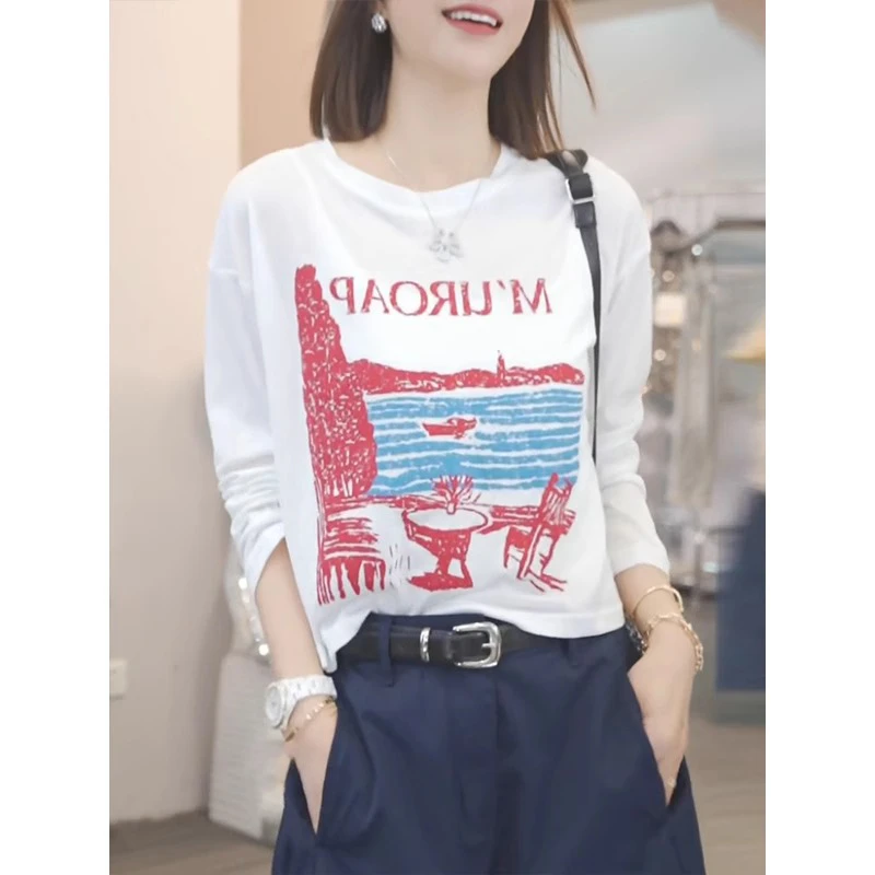 印花白色防晒长袖t恤女2025新款夏季薄款空调罩衫宽松慵懒短上衣