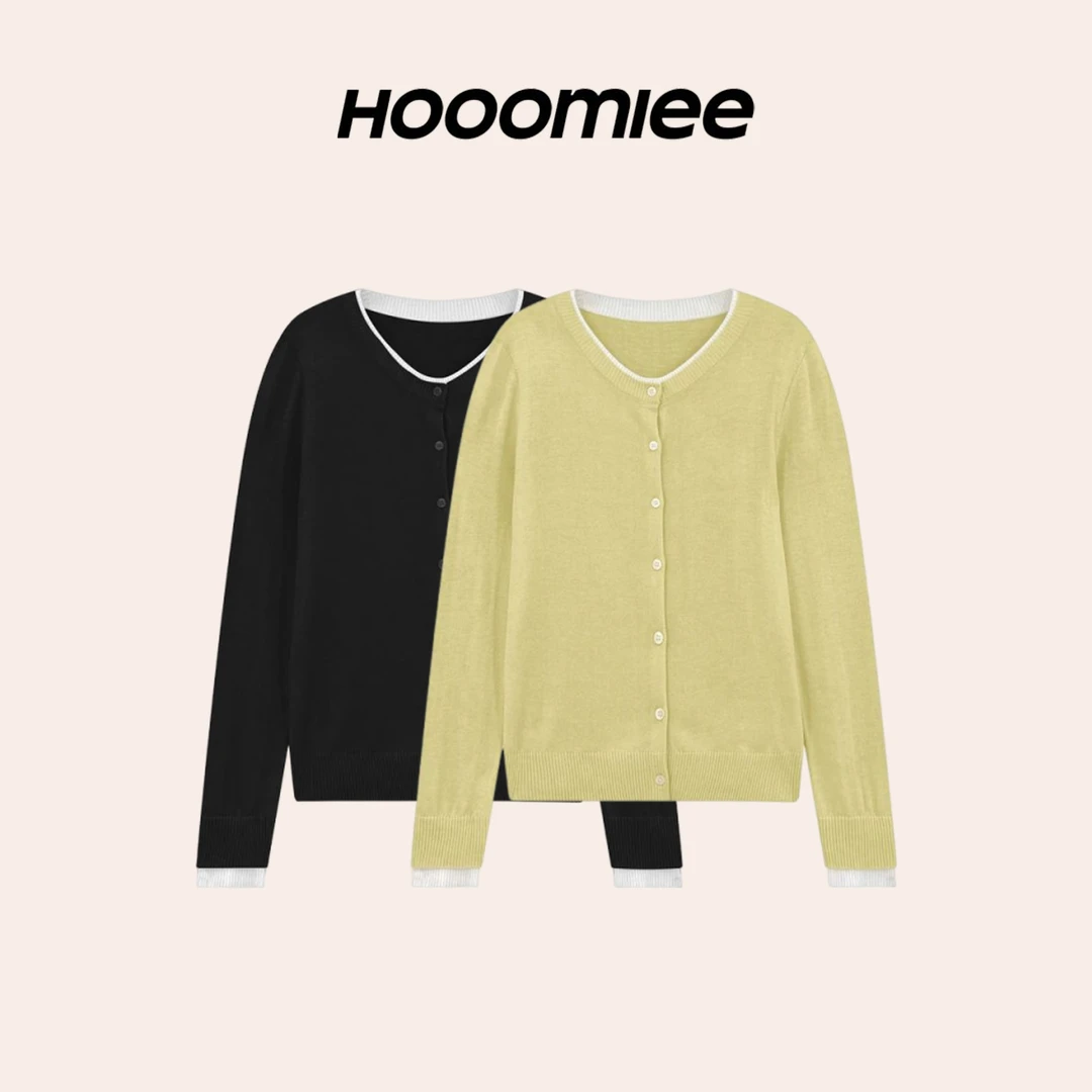 Hooomiee 亲肤排扣撞色针织衫 女士长袖开衫圆领上衣ML25100