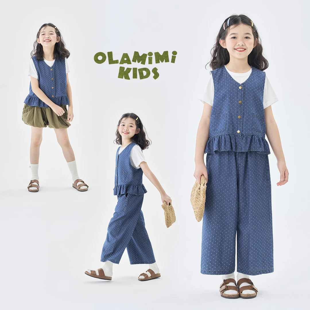 OLAMIMI定制 2025夏 亲子提花蓝星点木耳边无袖马甲+直筒牛仔套装