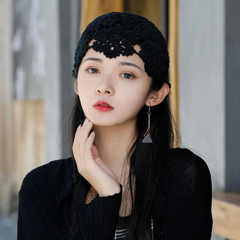 C遮白发小帽夏薄公主帽子镂空手工棉线针织帽女蕾丝复古钩花包头