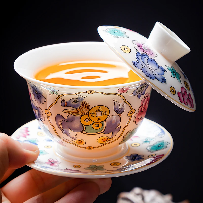 马上有钱悬停盖碗功夫茶具陶瓷茶杯珐琅彩带盖白瓷泡茶碗高温瓷