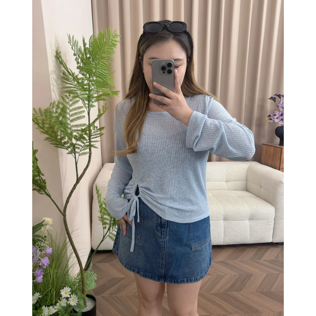 【工厂清清+现货】大码蓝色透气针织新款宽松遮肉显瘦长袖上衣罩衫