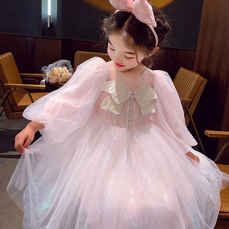 【现货】米米哈罗女童春款洋气泡泡袖网纱连衣裙公主裙C25066