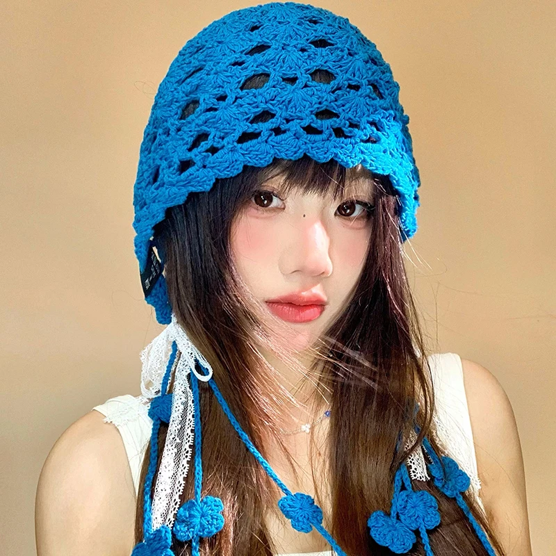 复古手工编织蕾丝流苏包头帽女夏季镂空透气时尚显脸小针织套头帽
