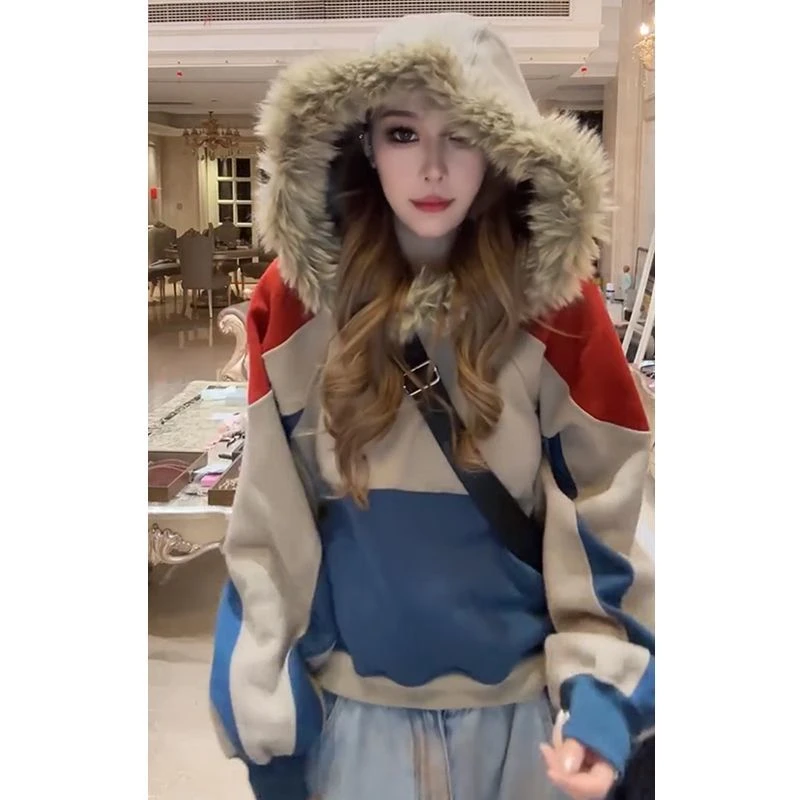 韩版百搭宽松拼色毛领卫衣潮2025秋冬新款时尚休闲显瘦套头上衣